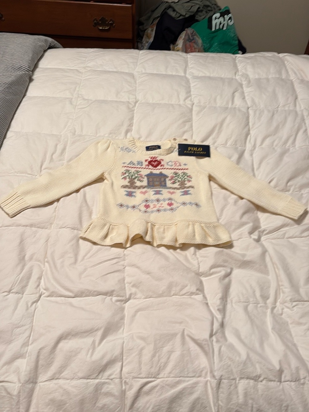 Polo by Ralph Lauren Cream Knit Sweater with Floral Embroidery and Peplum